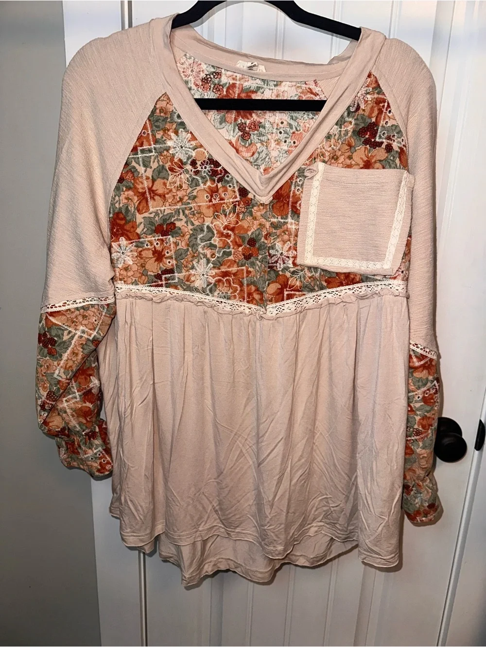 POL Size Small Oversized Boho Floral Patchwork V-Neck Tunic Top - Beige